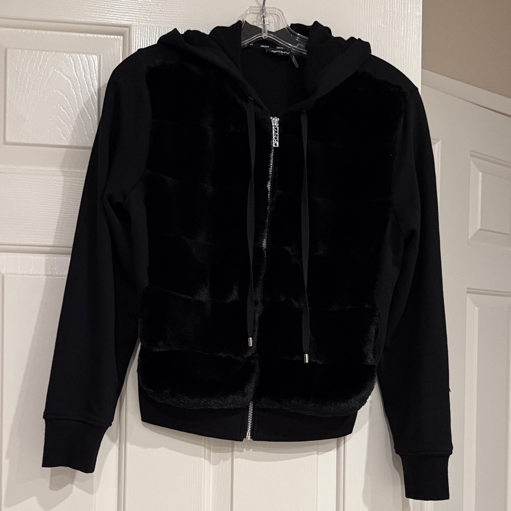 DKNY Black Faux Fur Hoodie. Size S